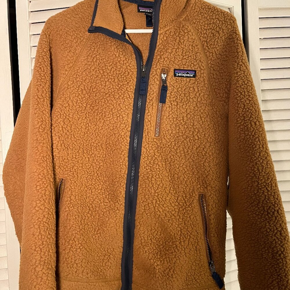 Patagonia Men's Jacket Medium Deep pile brown with Blue Trim